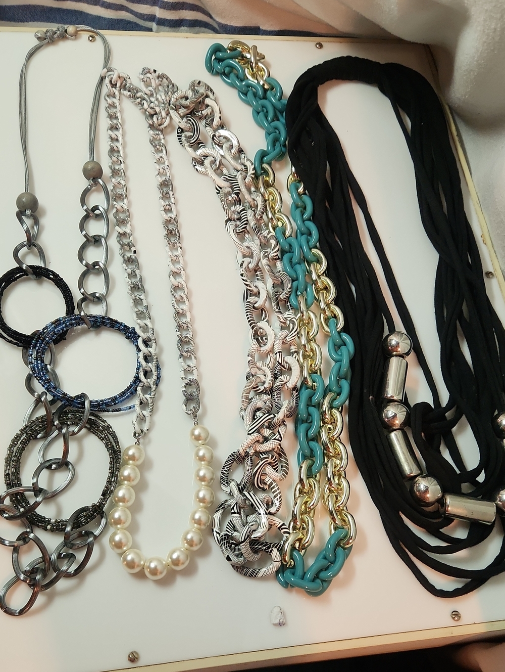 Multi-Chain (5) Pearl and Turquoise Statement Necklace - Unbranded